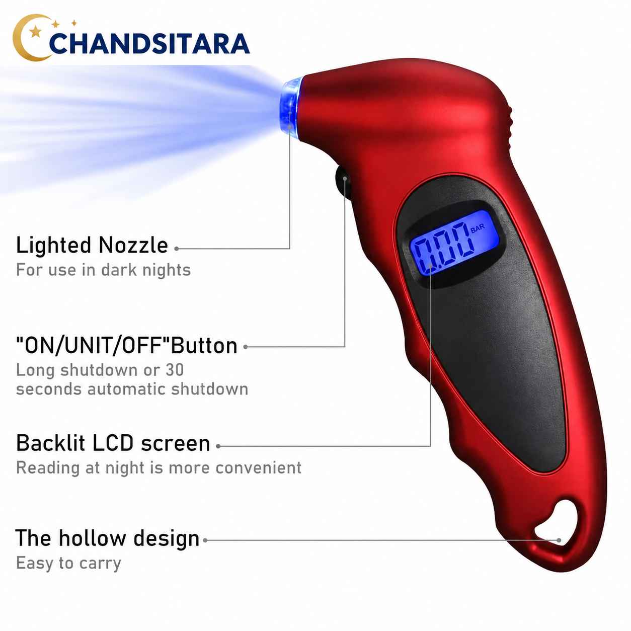digital tire pressure gauge with features highlighted on a white background