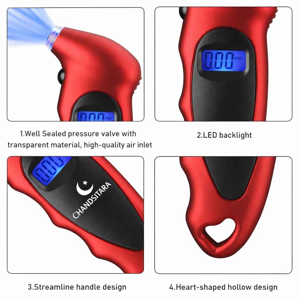  digital tire inflator with features highlighted, including a well-sealed pressure valve, LED backlight, streamline handle design, and heart-shaped hollow design. Brand 'Chandsitara' is visible.