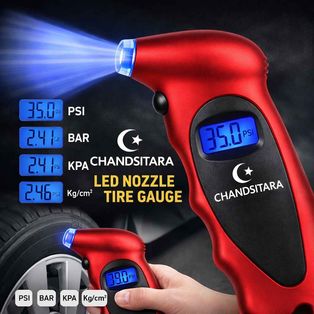 Red digital tire pressure gauge with LED nozzle and visible brand 'Chandsitara' on a dark background.