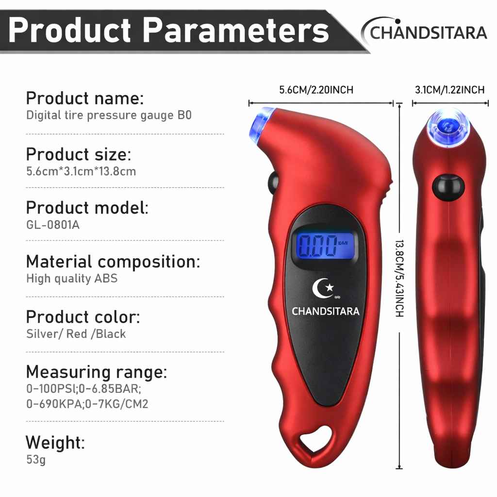 Digital tire pressure gauge with specifications on a white background