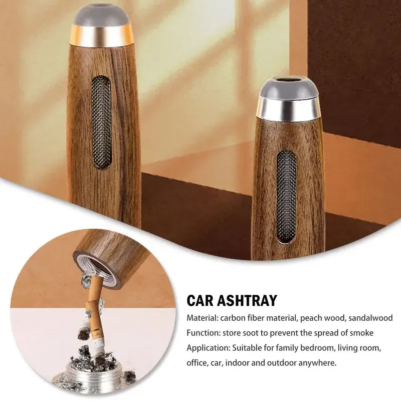 Wooden car ashtray with smoking depiction and product details.